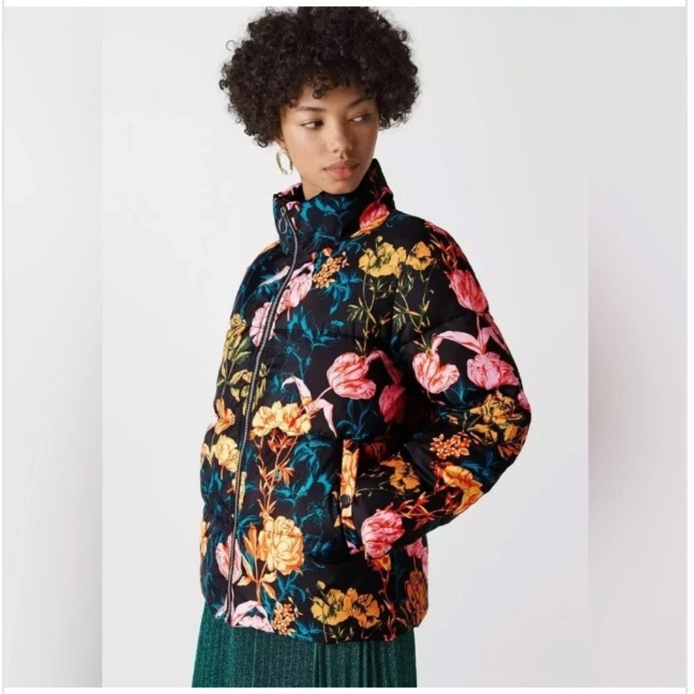 Whistles Floral Puffer Jacket Black Pink Orange Botanical Quilted Coat Size M